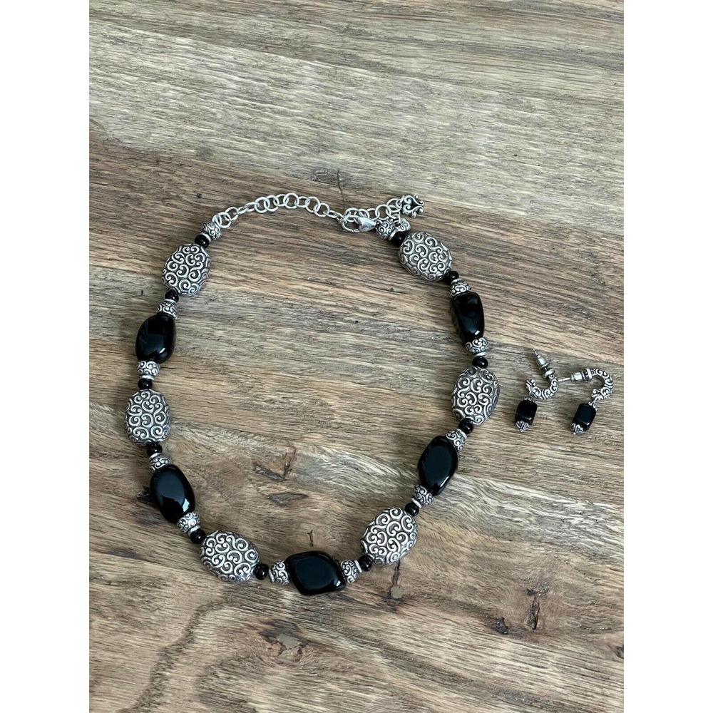 BRIGHTON FULL MOON RAISING Black Stone Silver Scroll NECKLACE EARRINGS SET 2
